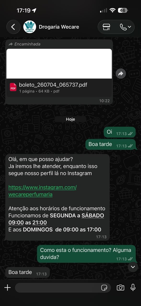Início da conversa de acompanhamento com a Drogaria Wecare